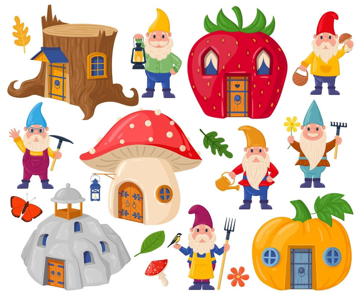 Garden gnomes characters and cute cartoon fairytale houses. Magic world gnomes mushroom and pumpkin houses illustration set. Fairytale characters and elements vector