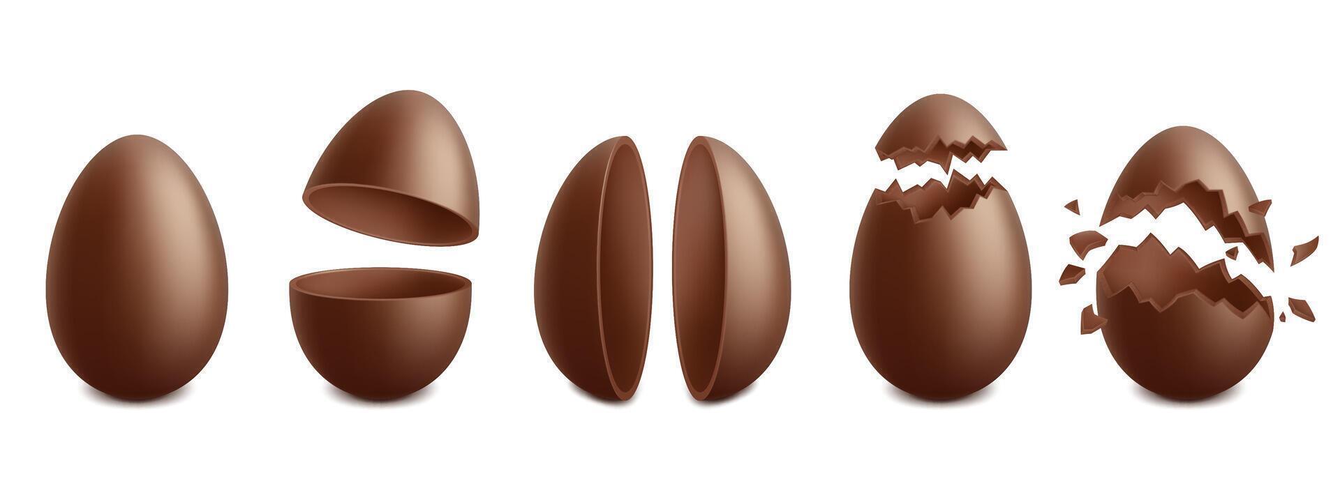 Realistic chocolate easter eggs, spring holiday surprise treat. Broken eggshell egg, holiday choco sweets symbols set. Cracked easter eggs vector