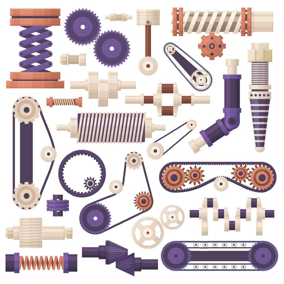 Machine gear parts, machinery, engine industry equipment. Industrial machine parts, pipes and screws illustration set. Factory mechanical conveyor elements vector