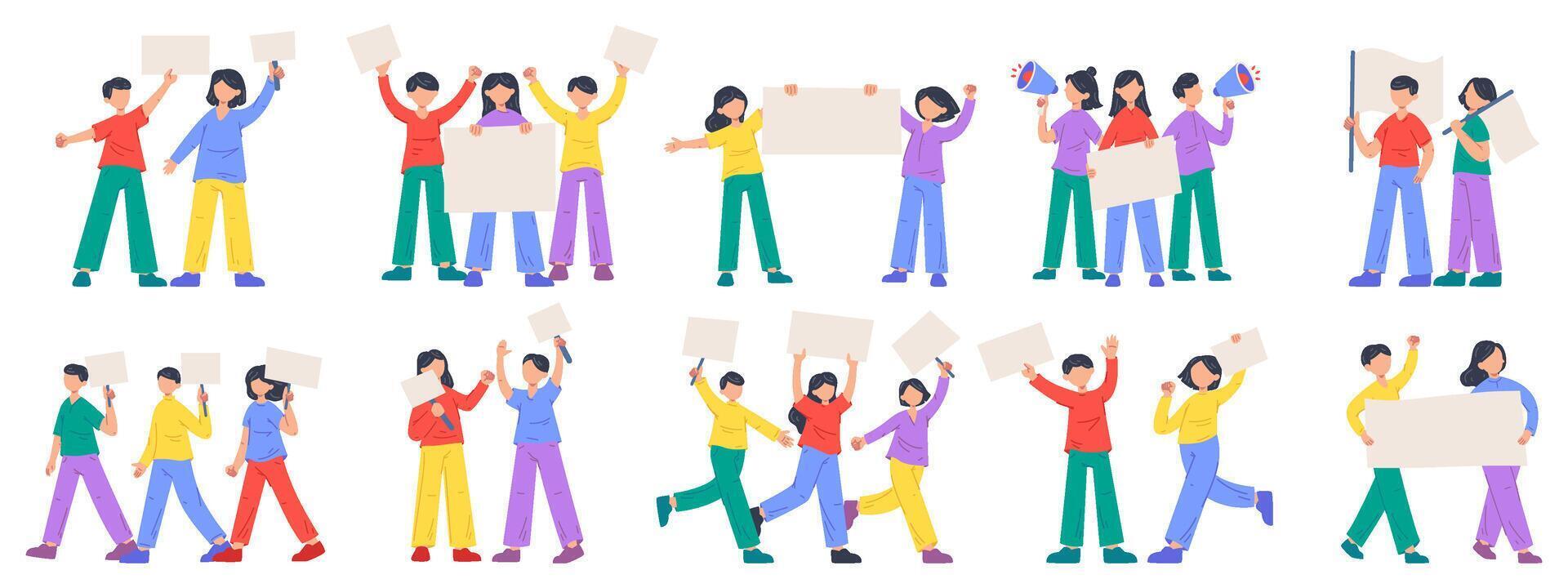 Protest action, social activist characters, diversity protest movement. Activists holding placard, political manifestation illustration set. Political human rights vector