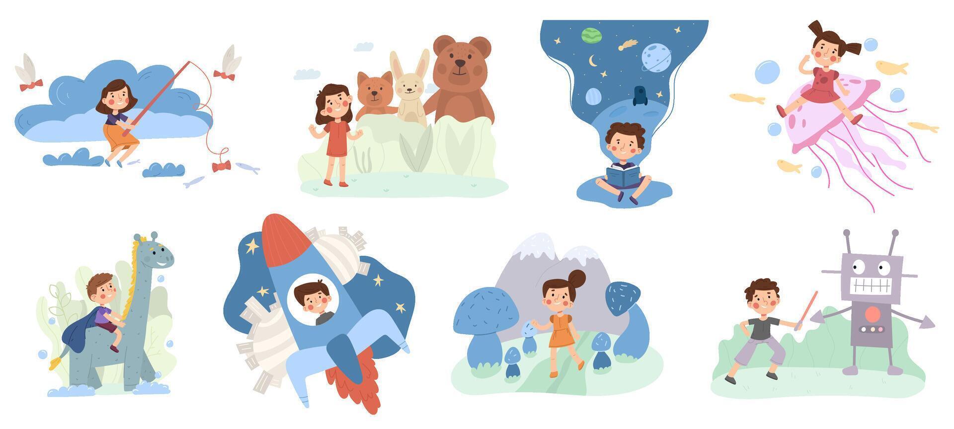 Fantasy kids world, imagination, fairy tale, magic. Childrens imaginary world, childhood dreams illustration set. Little boy and girl in magical dreams vector