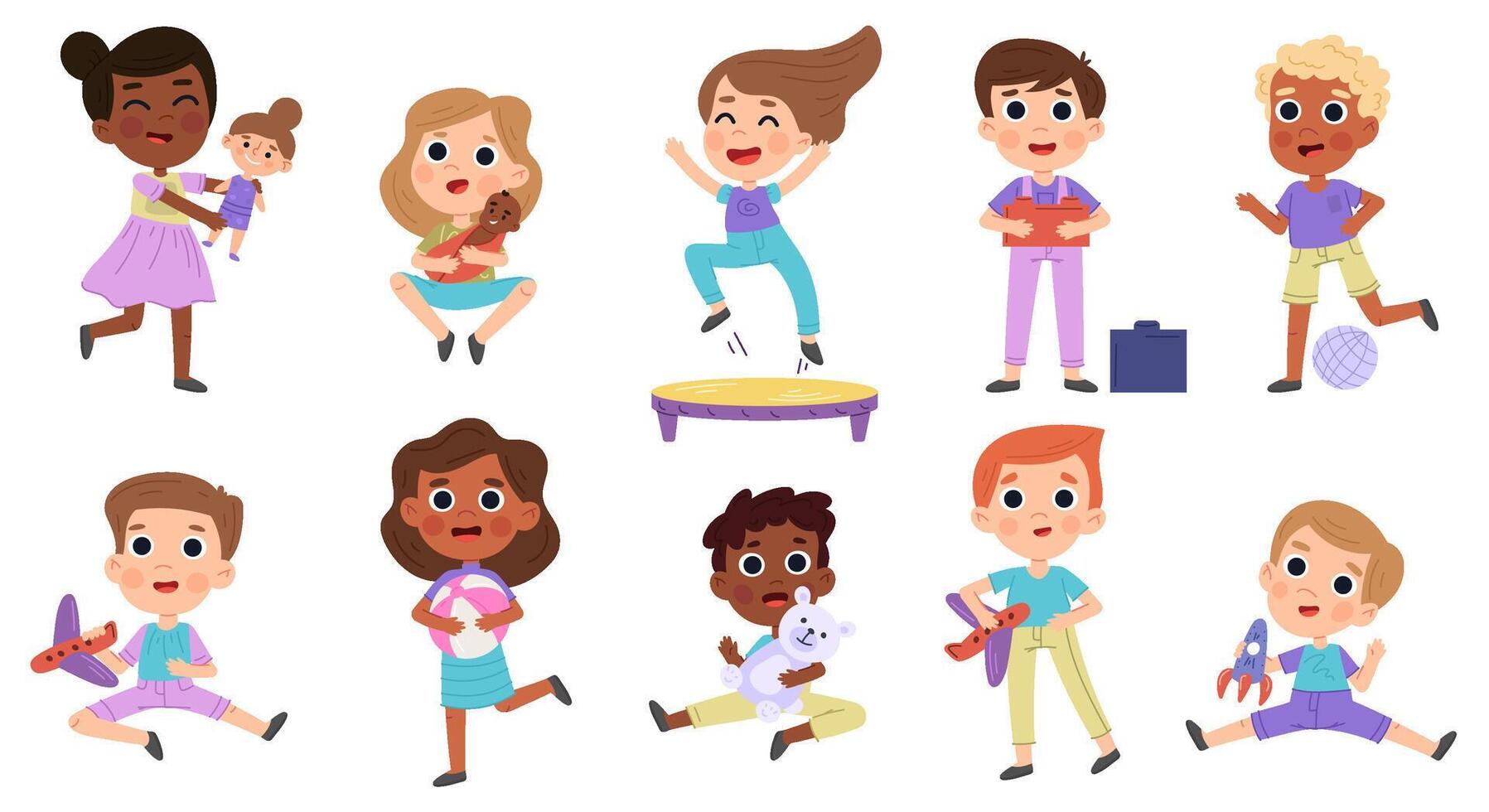 Cartoon kids play with toys, children play with doll and ball. Cute baby characters doing activities illustration set. Children playing with teddy bear and doll vector