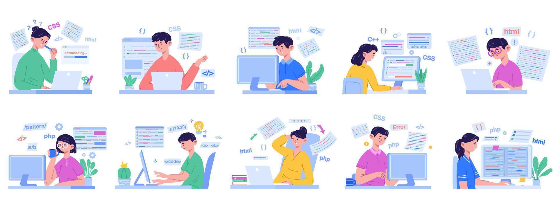 Programmers, software developers, code engineer characters. Human characters working on laptop illustration set. People using programming language vector