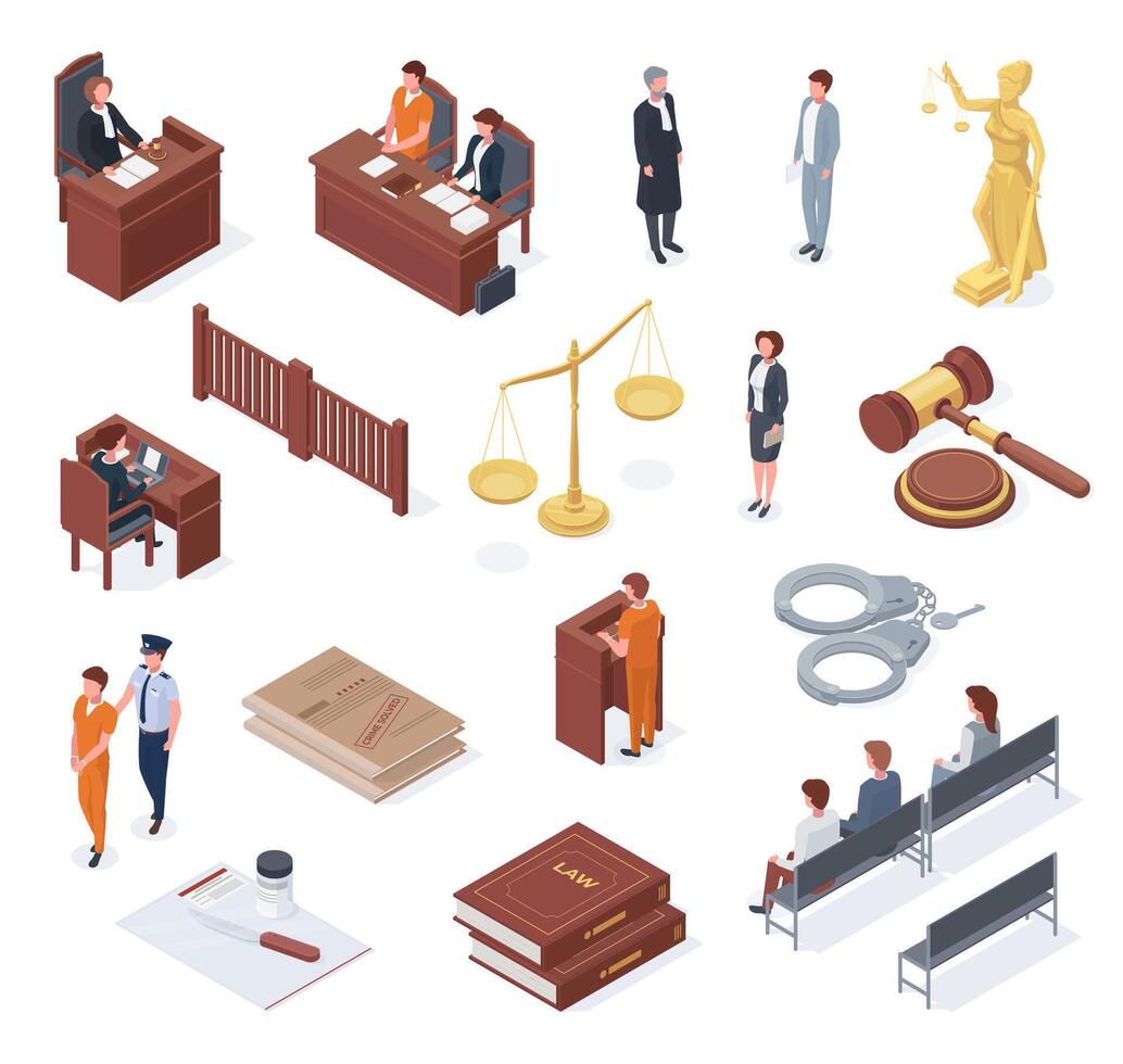 Isometric court, judge, litigation, lawyer, court and jurors. Judiciary pass and acquittal sentence illustration set. Justice and jury symbols vector