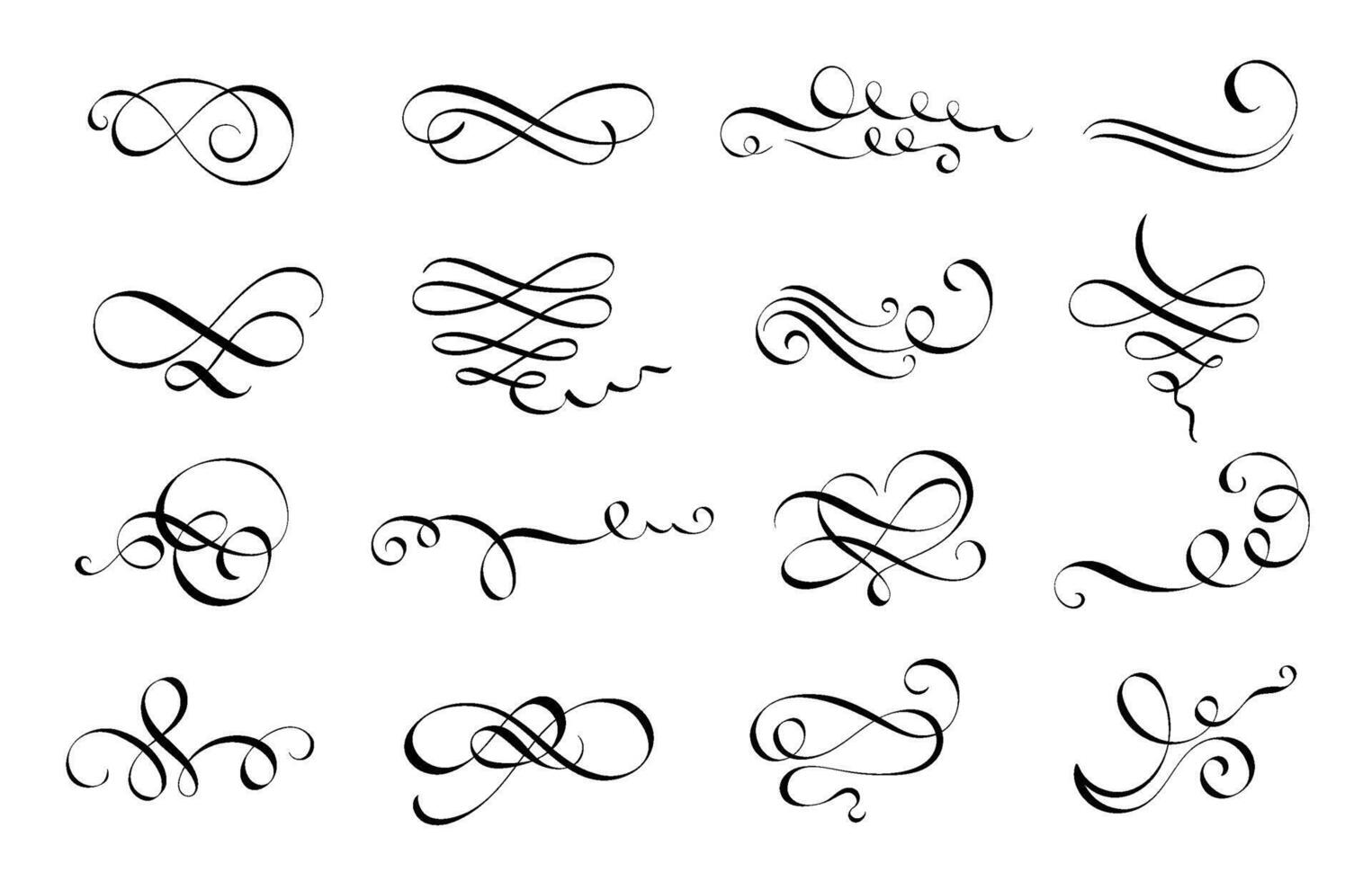 Calligraphy flourish. Letter swirl, pointed pen lettering ornaments and calligraphic lines set vector