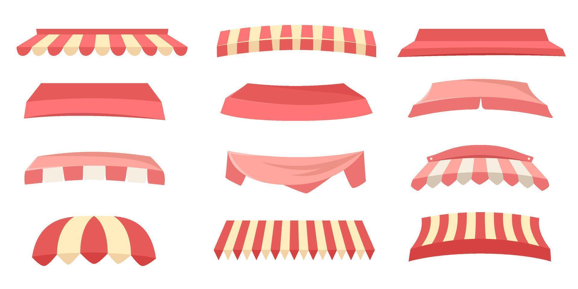 Store awnings. Restaurant tent, shop canopy with red stripes and market roof set vector