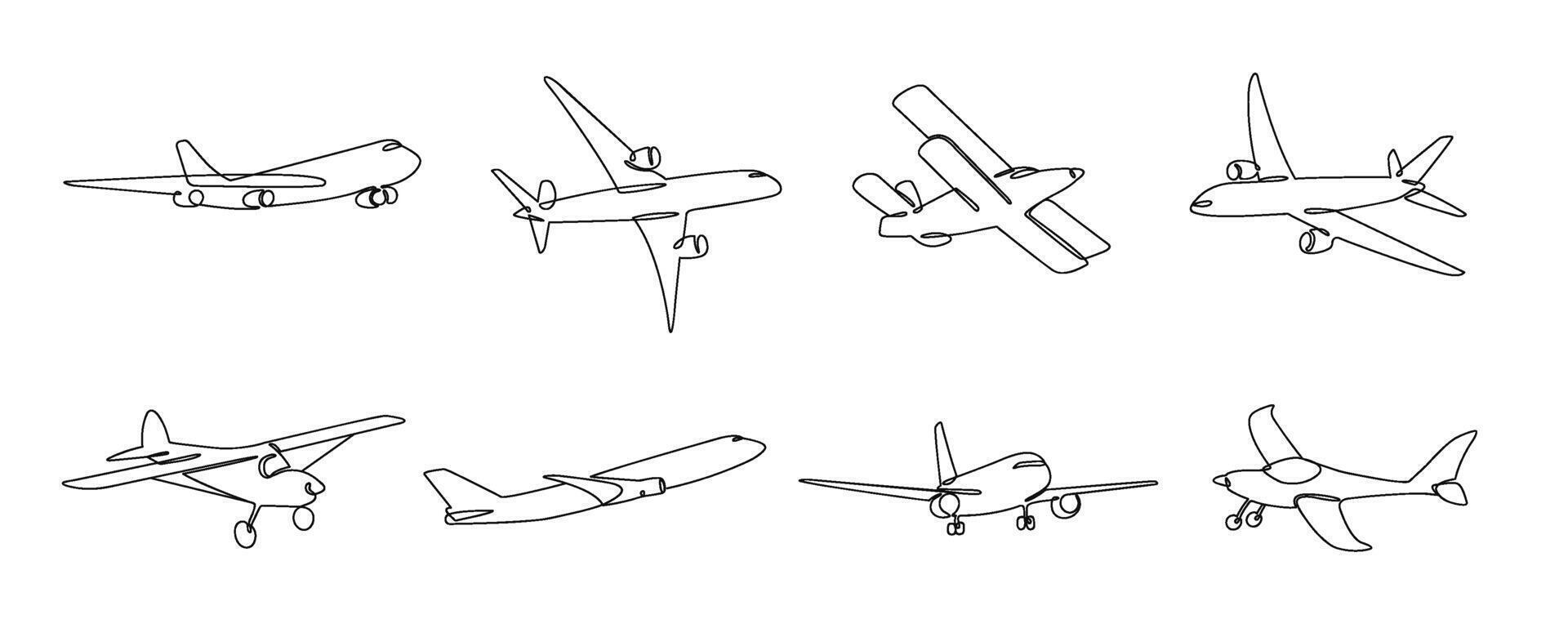 One line airplane. Travel aviation, private plane and airlines linear sketch illustration set vector