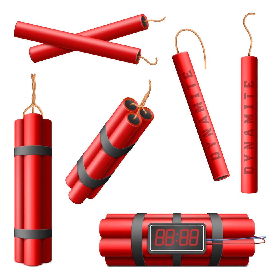 Realistic burning dynamite bomb sticks, 3d explosive red bomb with explosion timer. Dynamite military weapon, explosive red sticks illustration set. Dynamite sticks vector