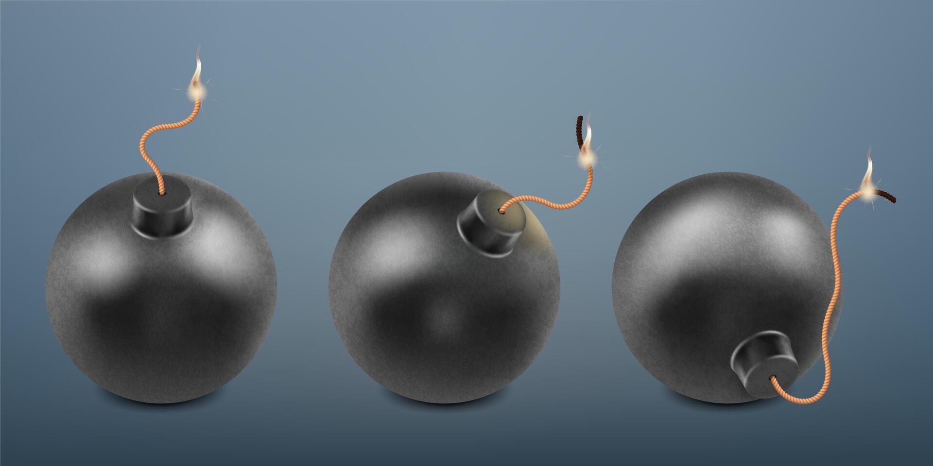 Realistic burning explosive bombs, 3d retro spheric bomb. Military explosive weapon, retro explosive dynamite bomb illustration set vector