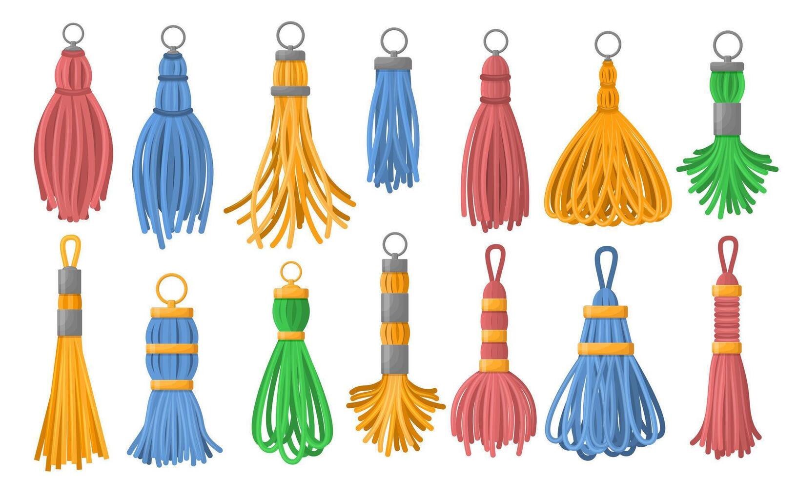 Tassel fringe. Fashion handbag thread brush, leather trinket and isolated tassels set vector