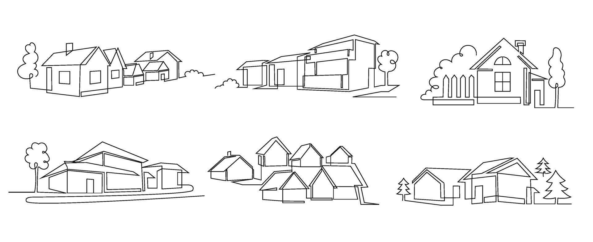 One line houses. Vacation home, suburban area and hand dwawn housing market branding illustration set vector