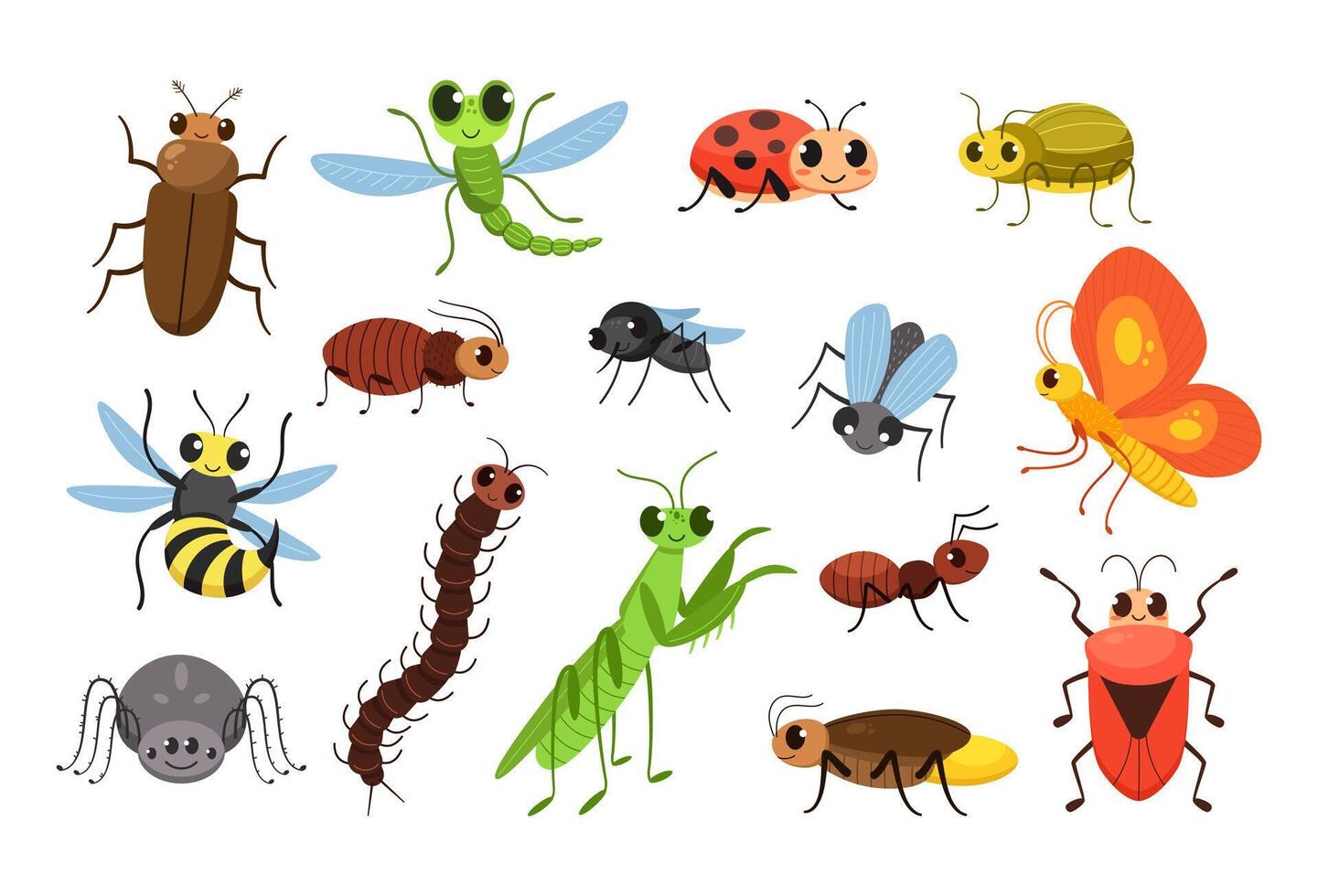Cute cartoon insects. Happy bugs, smiling fly and little mantis Illustration set vector