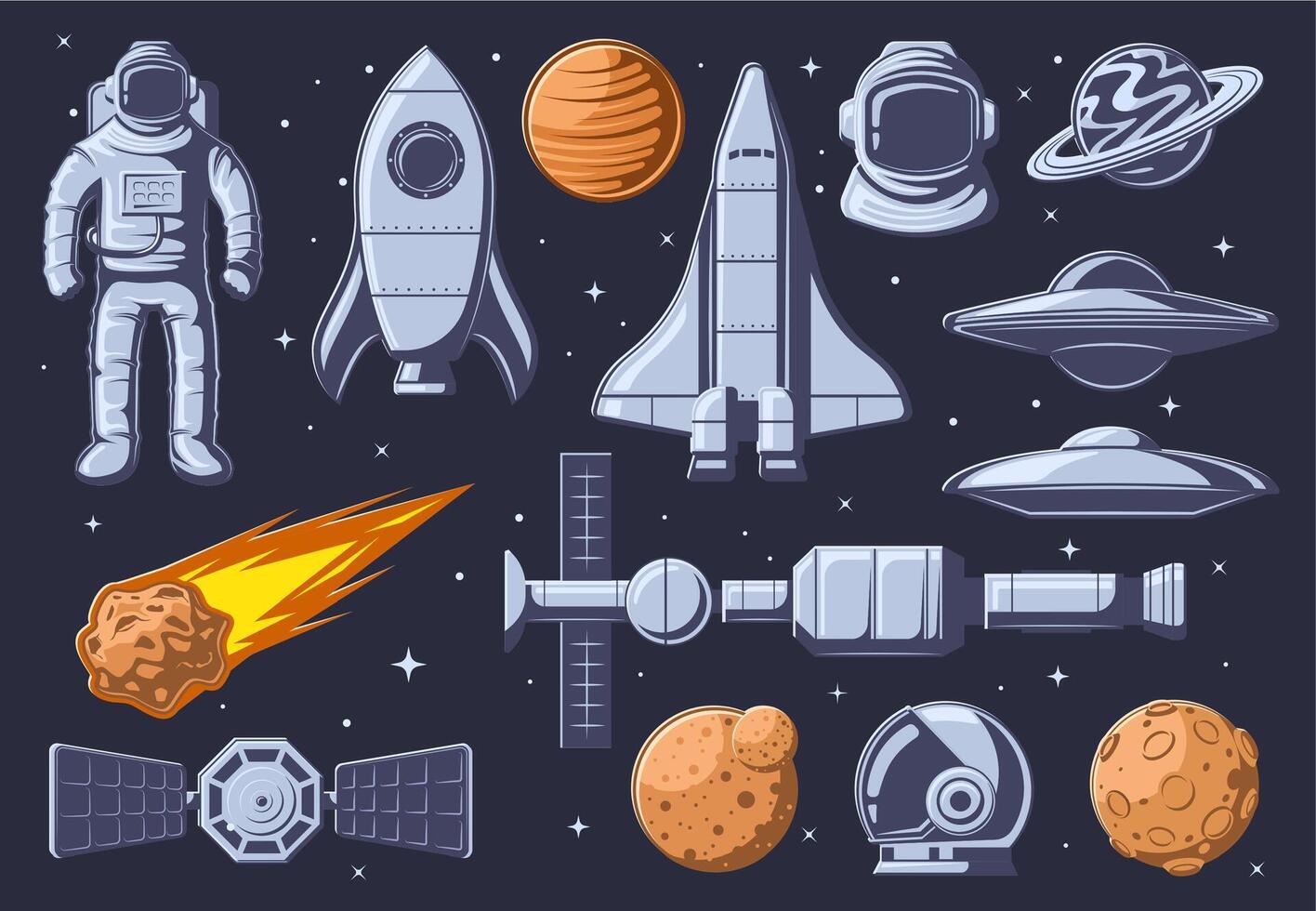 Vintage outer space. Cartoon planet, astronaut space suit and spacecraft illustration set vector