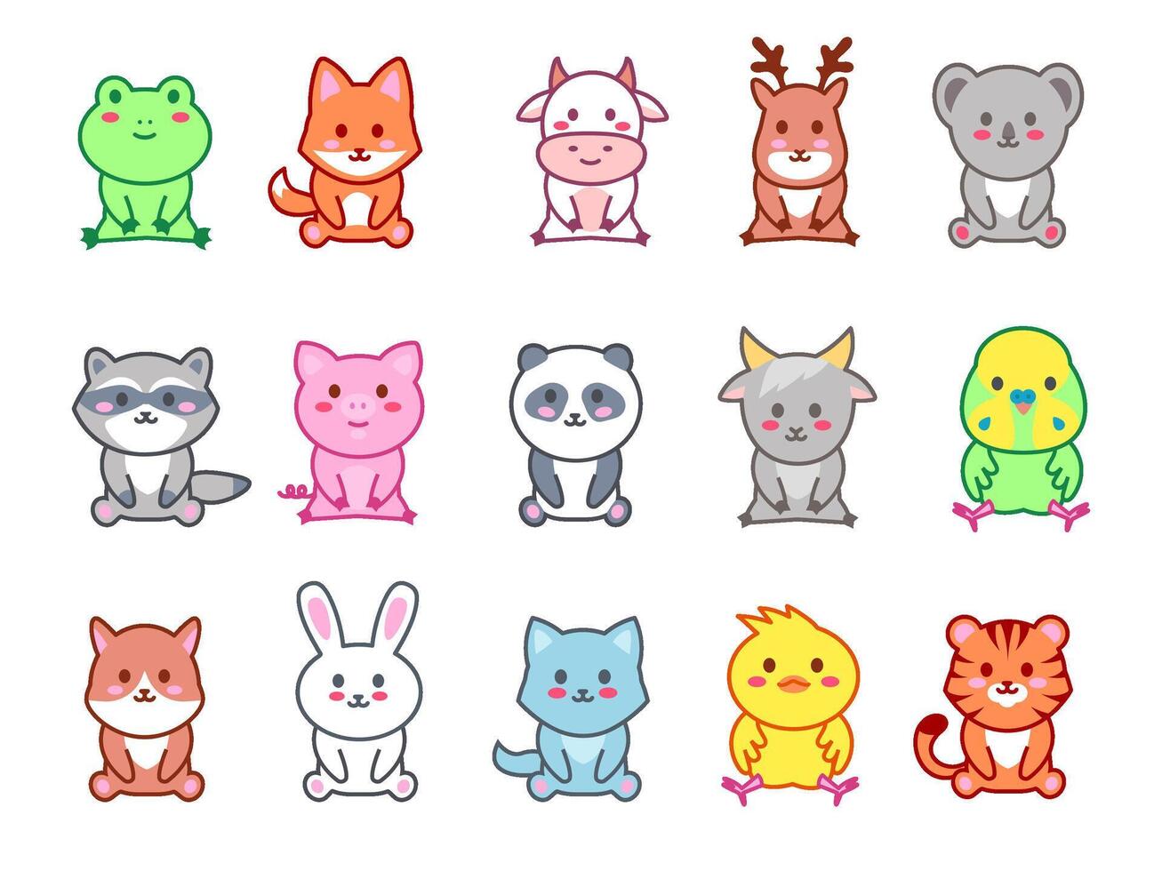 Sitting little animals. Kawaii zoo characters, cute animal with happy smile set vector