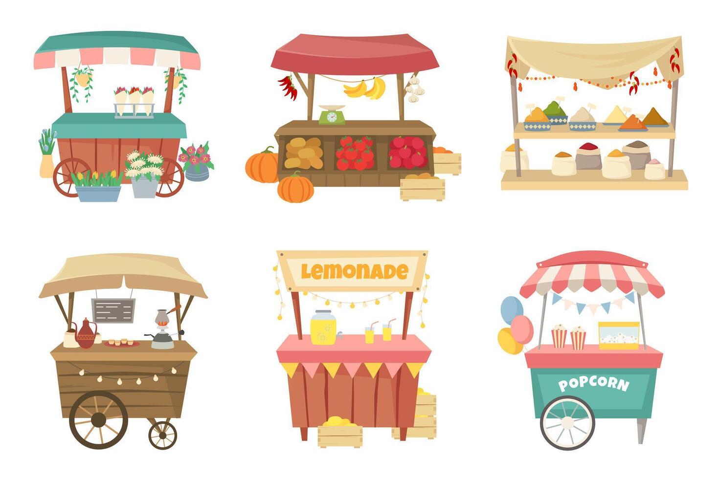 Outdoor market stalls. Grocery street fair, local flowers stall and coffee point illustration set vector