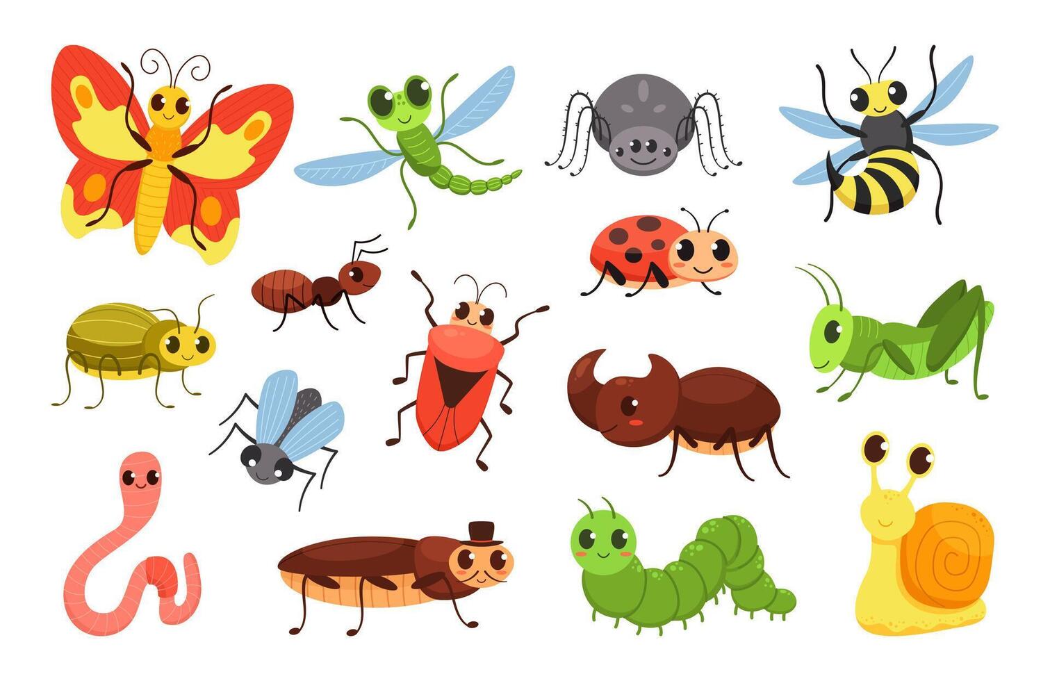 Cartoon insects. Happy bugs, cute little beetle and smiled caterpillar. Wildlife insect Illustration set vector