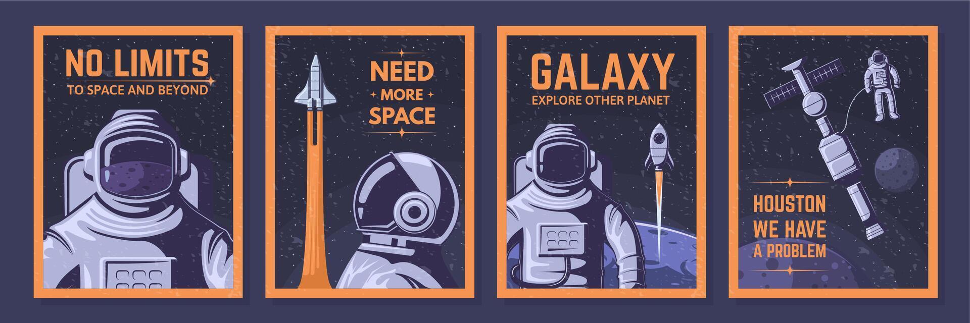 Astronaut posters. Space explorer, cosmos adventures and open space illustration set vector