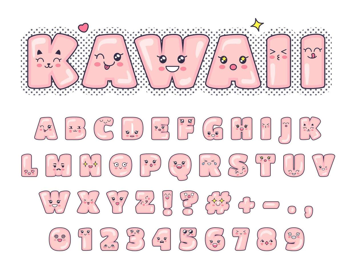Kawaii font. Cute alphabet letters with adorable smiling faces. Stylized text with positive facial expressions set vector