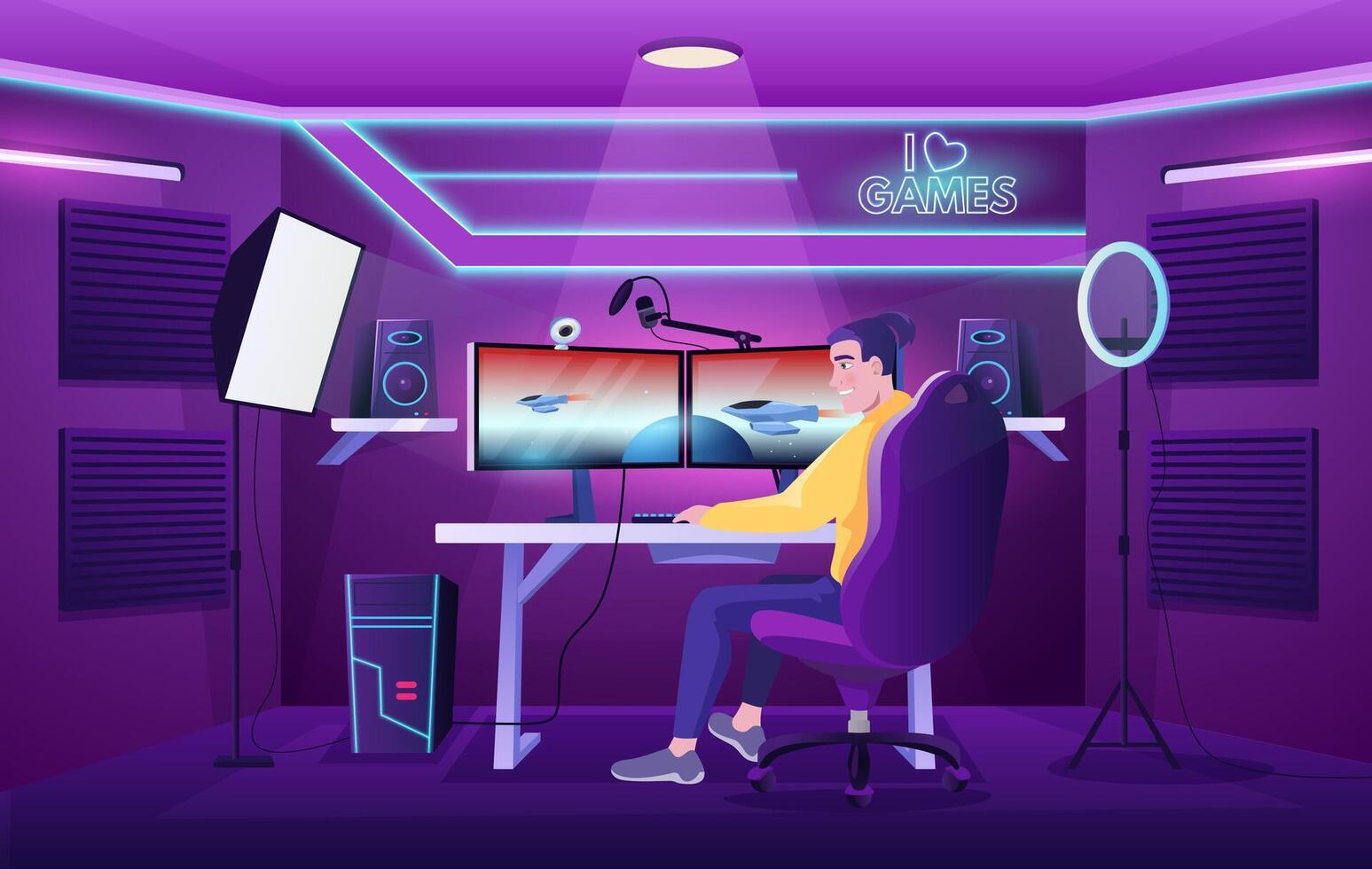 Streamer room. Professional gamer play computer games in gaming interior, streaming setup at cyber sport studio. Cartoon Illustration vector