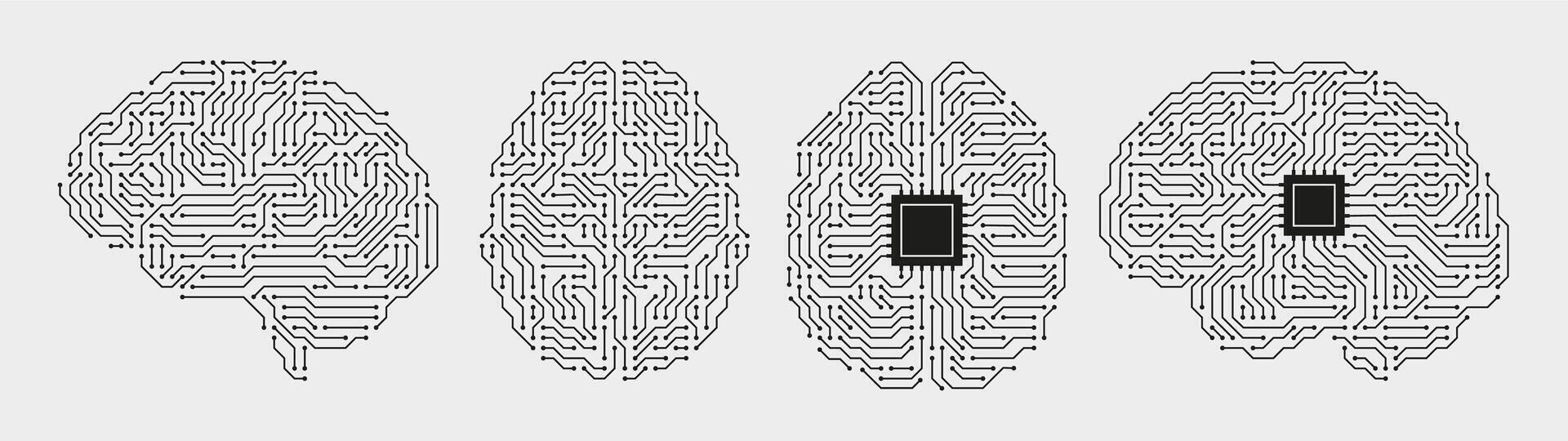 Circuit board brains. Artificial intelligence microchip, AI chip and digital brain processor illustration set vector