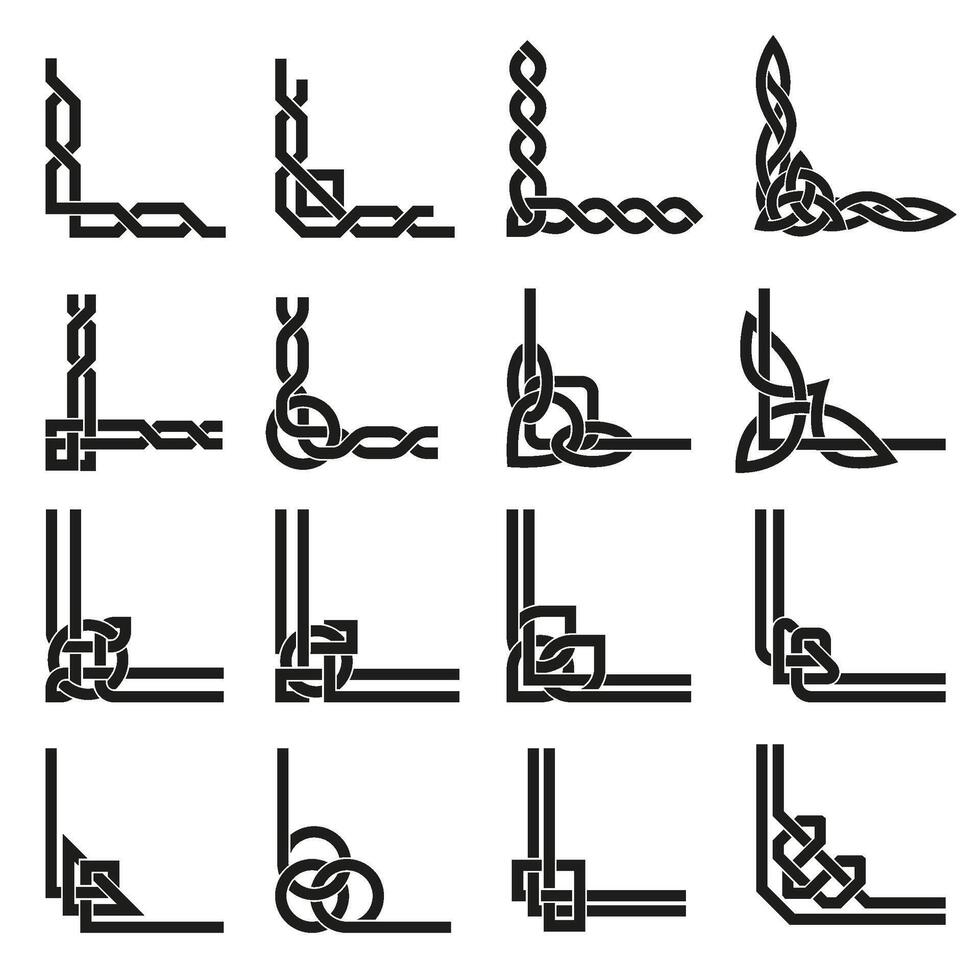 Celtic corners. Scotland knot border, irish decorative ornament and traditional ancient pattern corner set vector