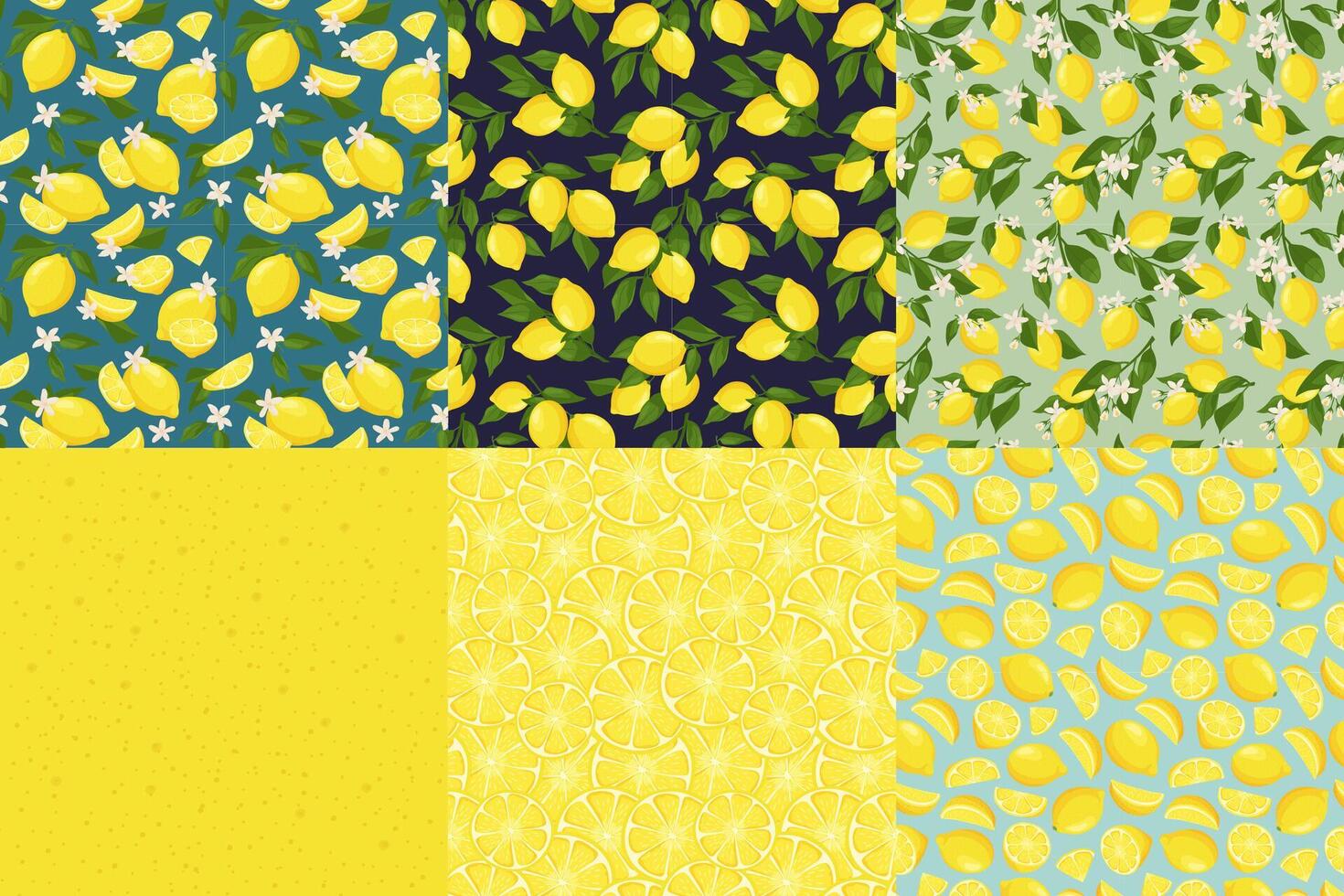 Lemon texture pattern. Lemons with blossom flowers, fresh yellow fruits and summer lemonade seamless texture set vector