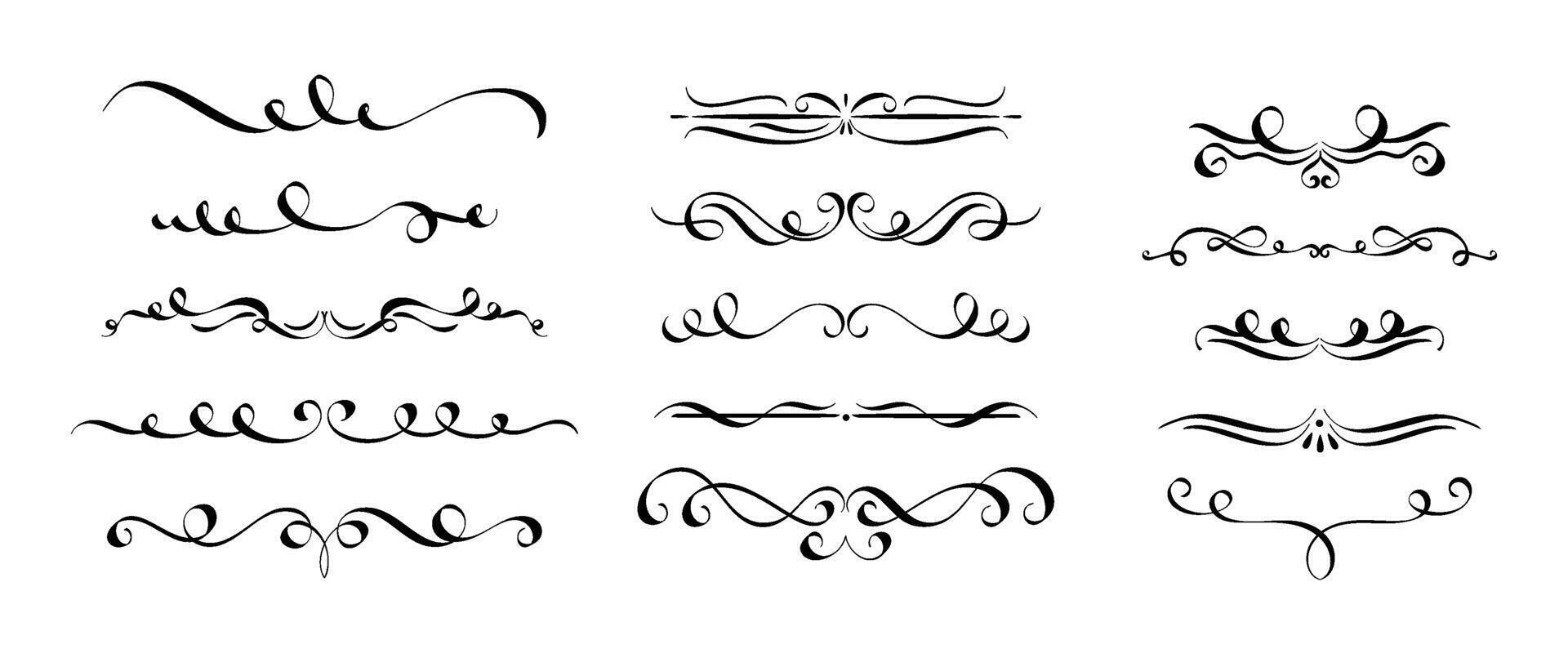 Calligraph dividers. Elegant vintage flourishes, text delimiters decoration and hand drawn ornament dividers set vector