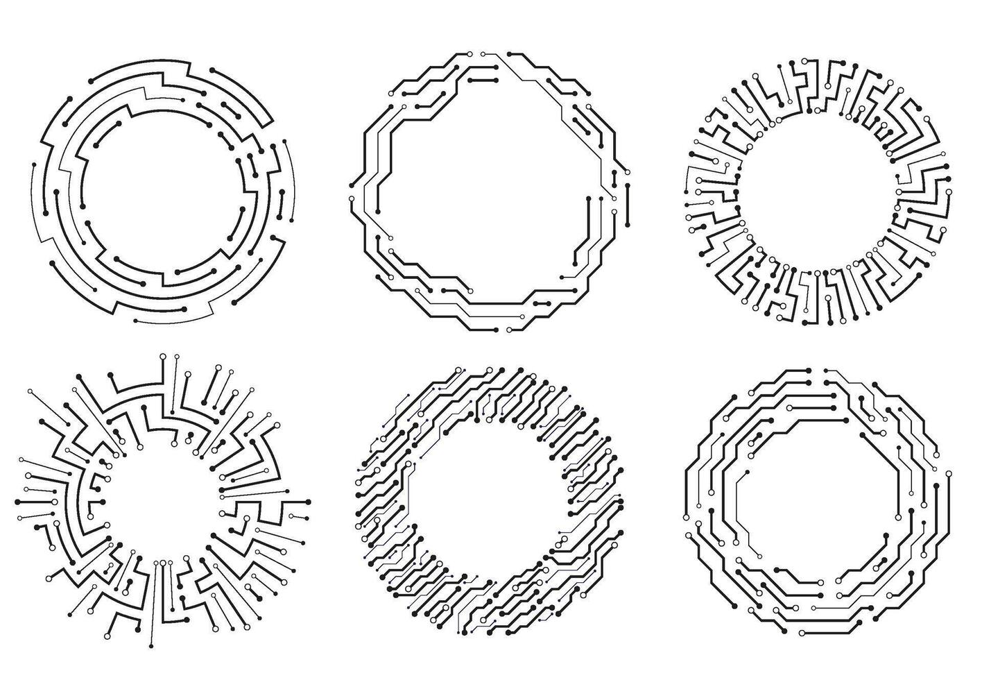 Circuit board circle frames. Abstract digital round frame, hardware board and elictronic motherboard pattern set vector