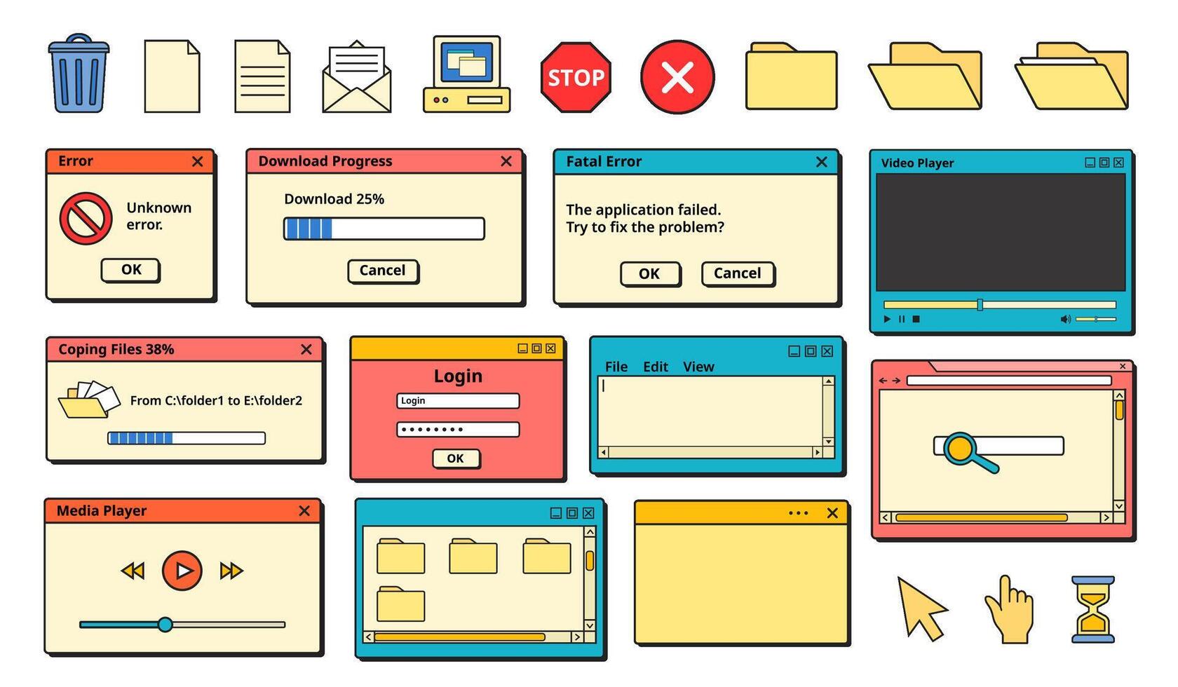 nostálgico 90s ui retro error mensajes, antiguo computadora íconos y aplicación ventanas conjunto vector