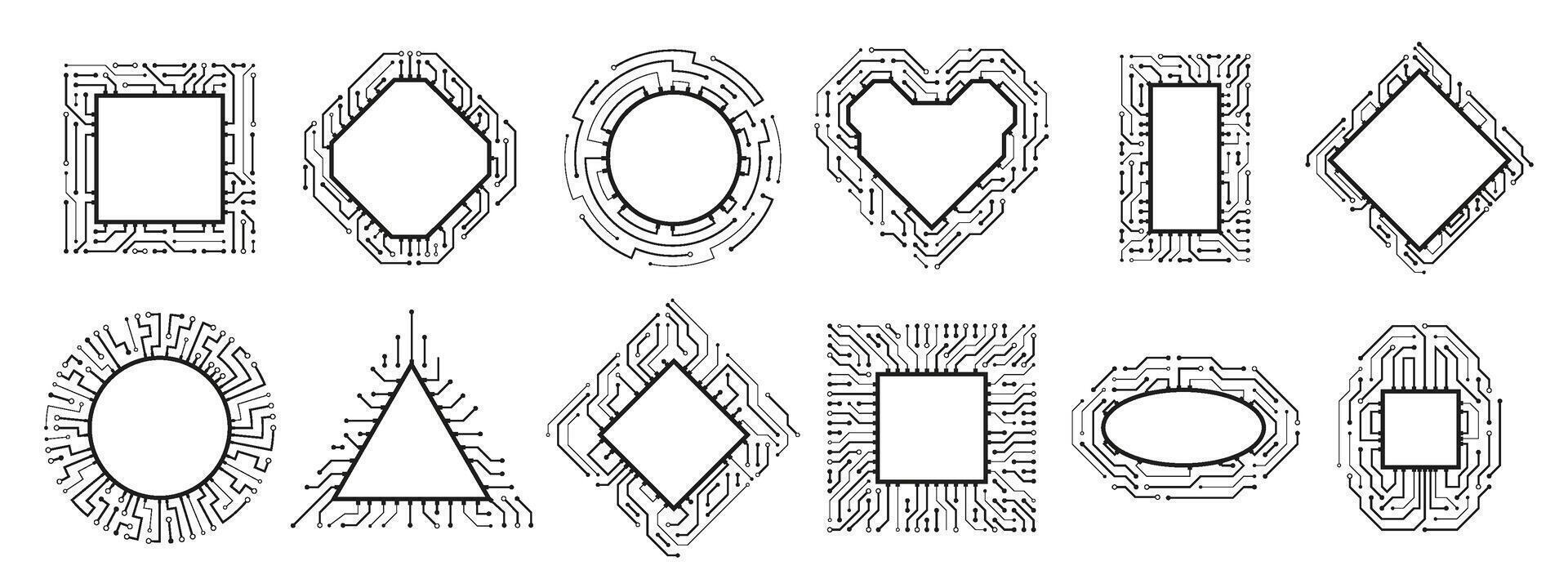 Microchip frame. Electronic chip, CPU border and digital circuit line board. Computer rocessors set vector
