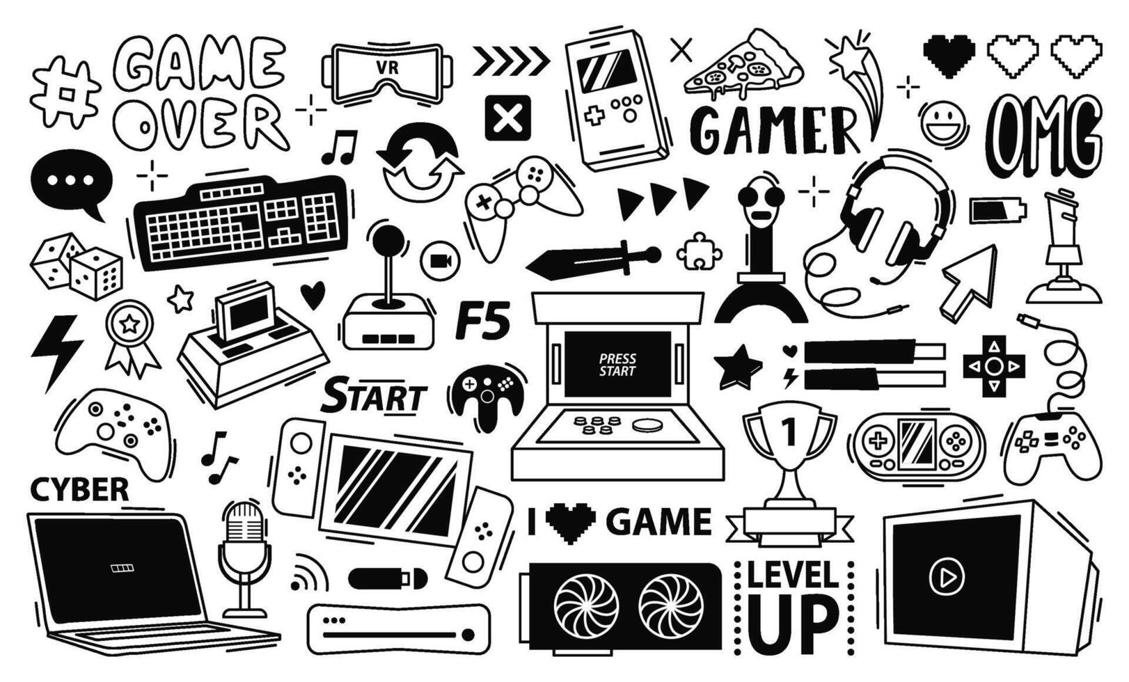 Gaming streaming doodle. Game gadgets, gamer equipment and cyber sport games controllers set vector
