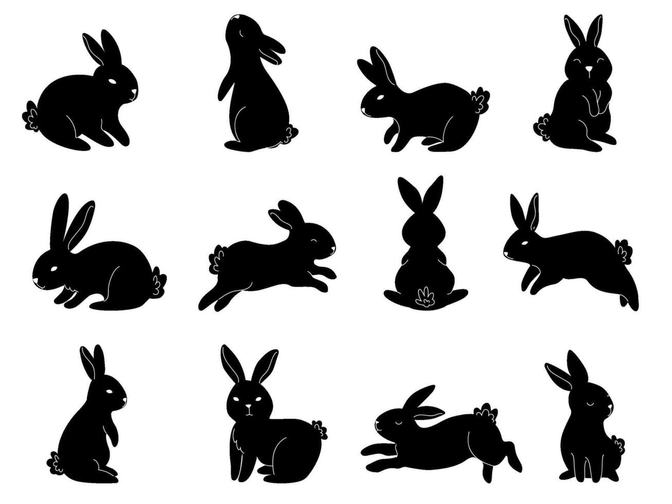 Black rabbit silhouette. Sitting bunny, cute jumping rabbits and contour animals set vector