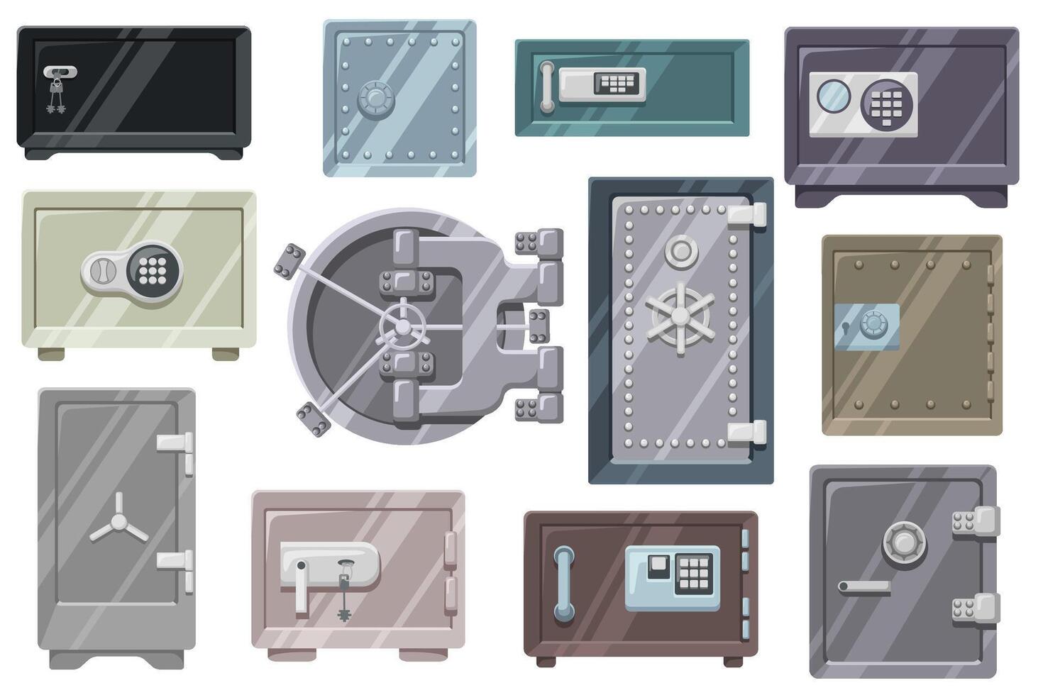 Metal safes. Lock box, safety vault door and secure storage with key locked and code locks set vector
