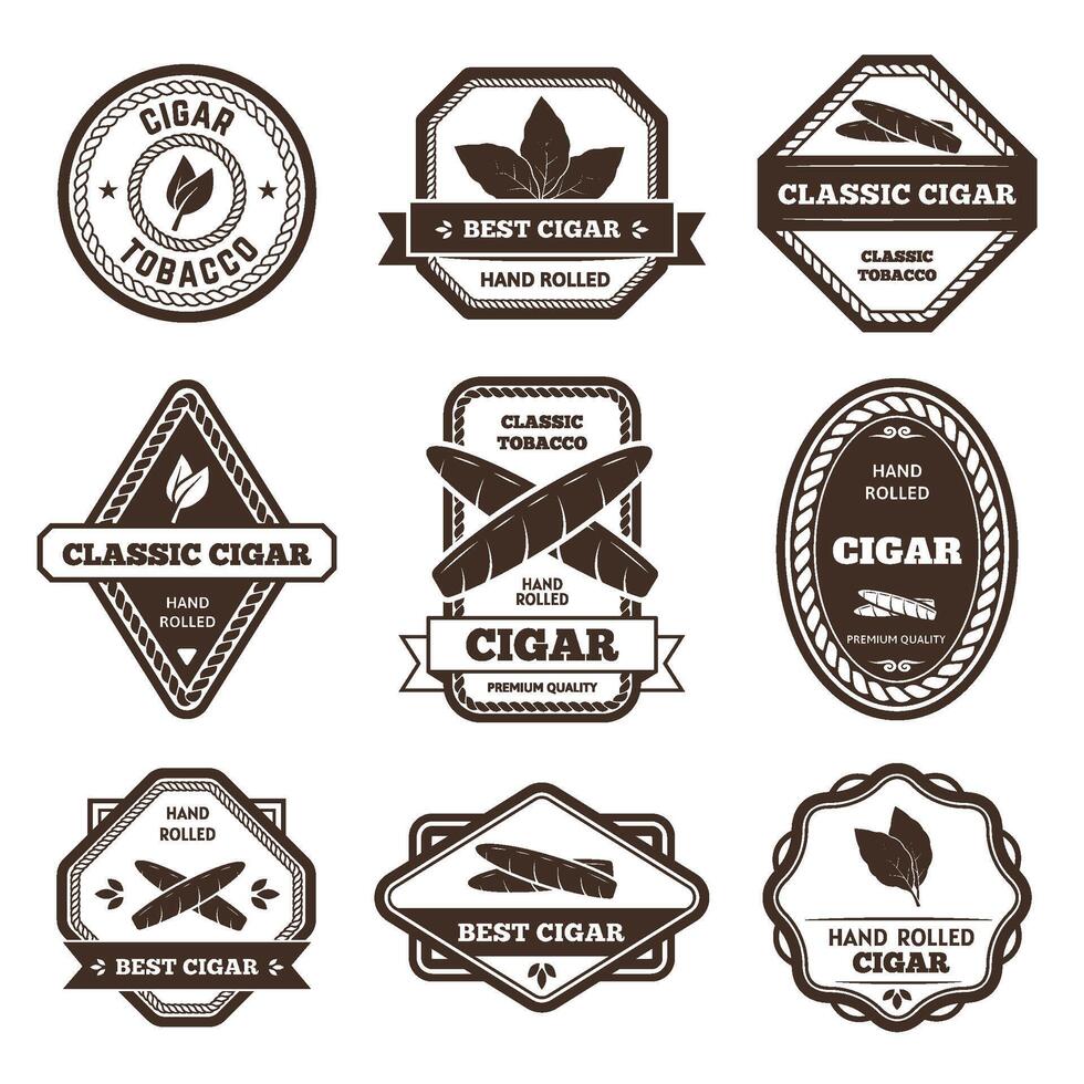 Cigar labels. Classic tobacco leaf sign, hand rolled cigarette and nicotine product badges set vector