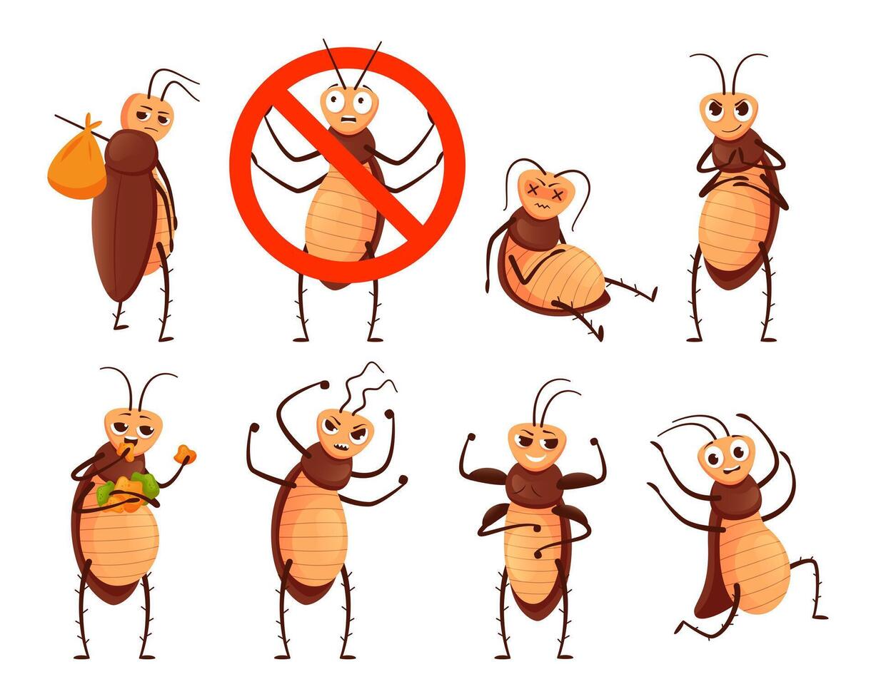 Cockroach mascot. Cartoon roach character, insect in prohibition stop sign and pests beetle illustration set vector