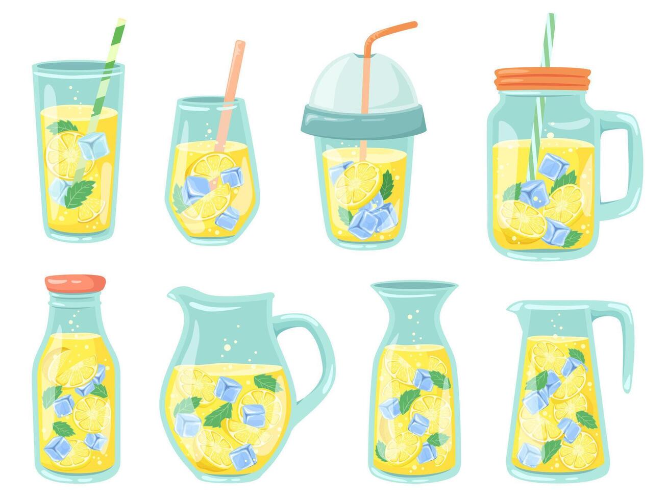 Cold lemonade. Fresh drinks, homemade lemonade in bottle, jug and glass with lemon slices and ice cubes illustration set vector