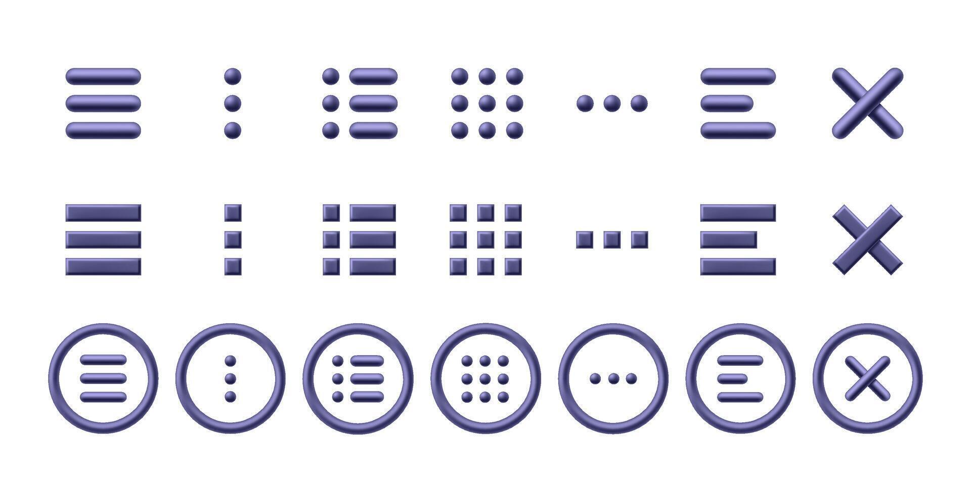 Burger menu icon. Minimal hamburger, grid and close X symbol. 3D stylised website UI icons set vector