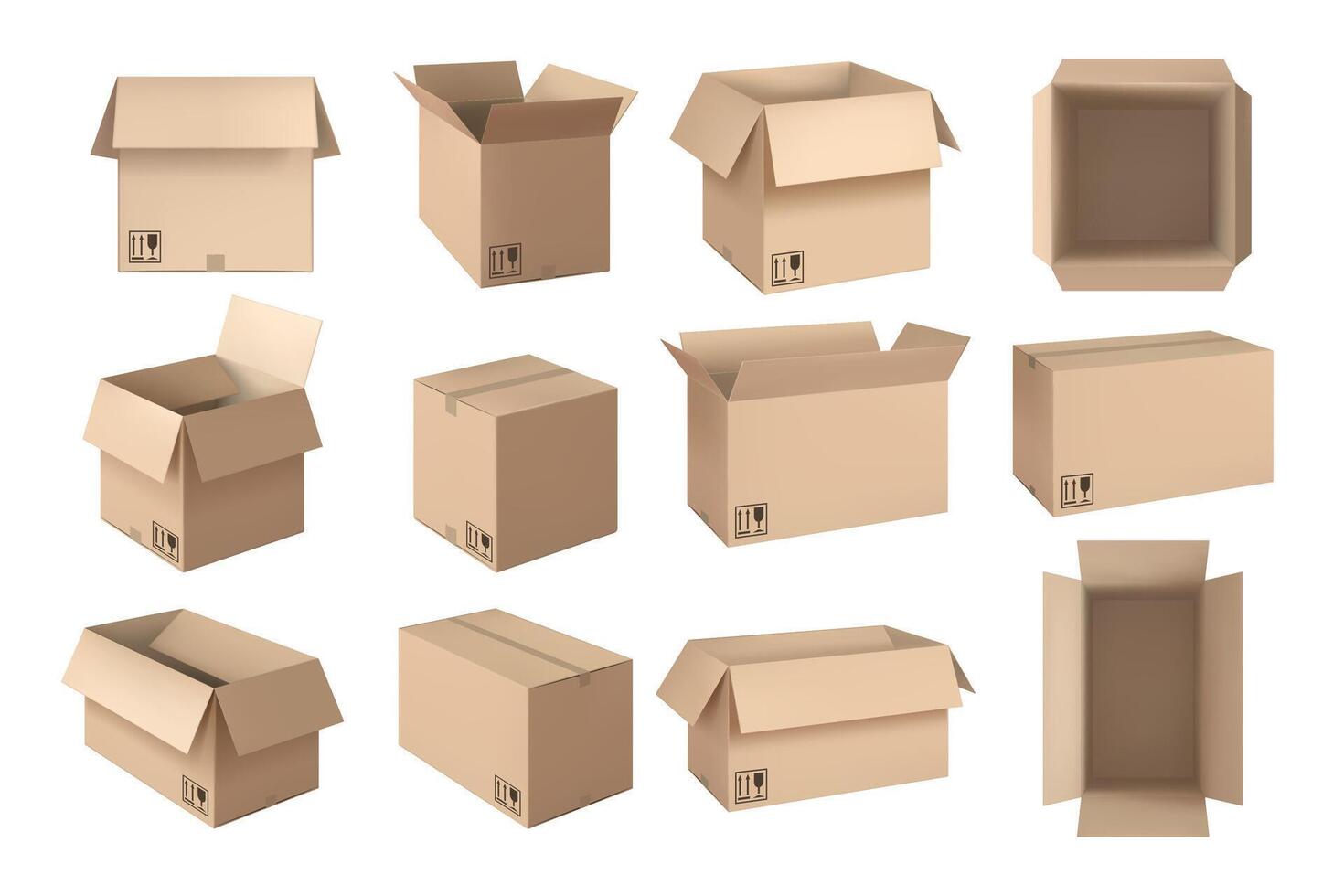 Realistic brown box. Postal packaging open boxes, shipping cardboard containers and delivery mockup set vector