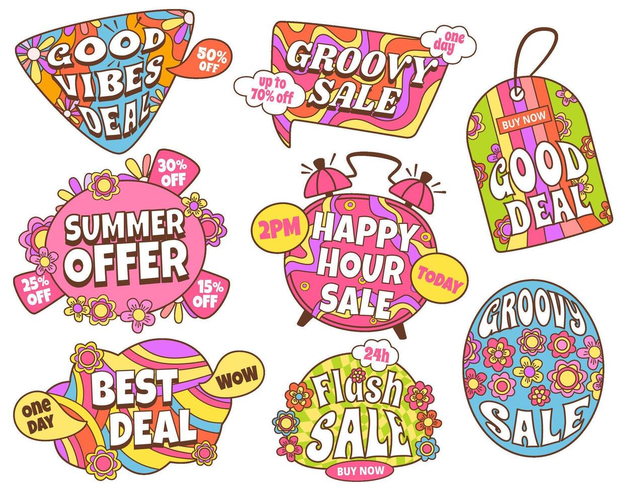 Groovy sale. Good vibes deal, retro 70s labels and offer badges set vector