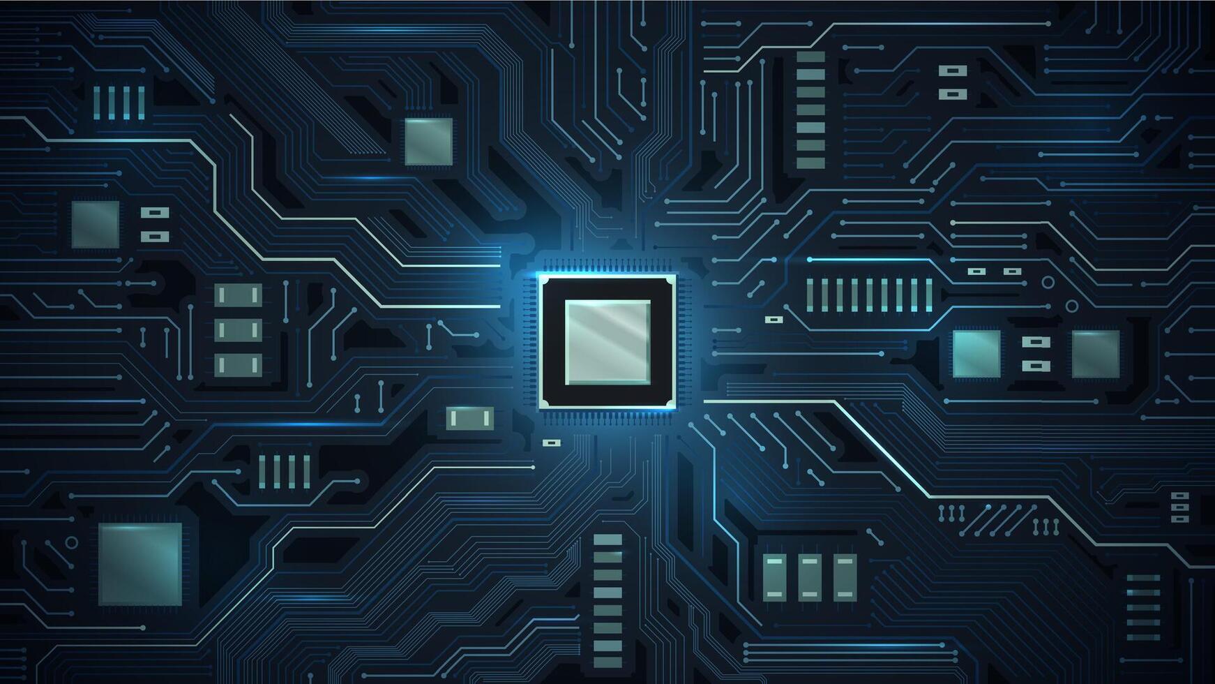 Processor on circuit board. Motherboard chips, microchip electronic and digital circuits illustration vector