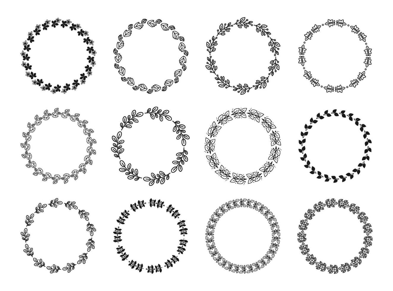 Leaves ornament circle frame. Rustic wreath, round leaf border and floral ornaments set vector