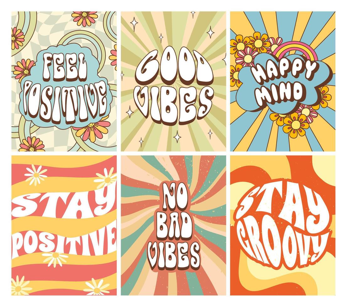 Groovy 70s posters. Stay positive, good vibes and happy mind illustration set vector