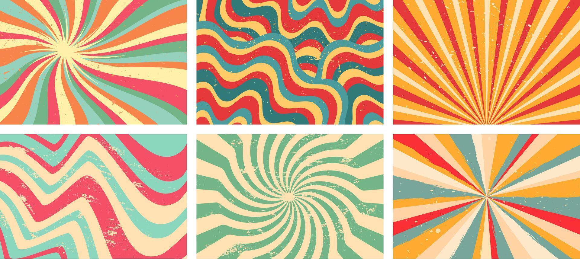 Groovy background. Starburst rays, colorful funky waves and vintage 60s hippie psychedelic wallpaper backdrop set vector