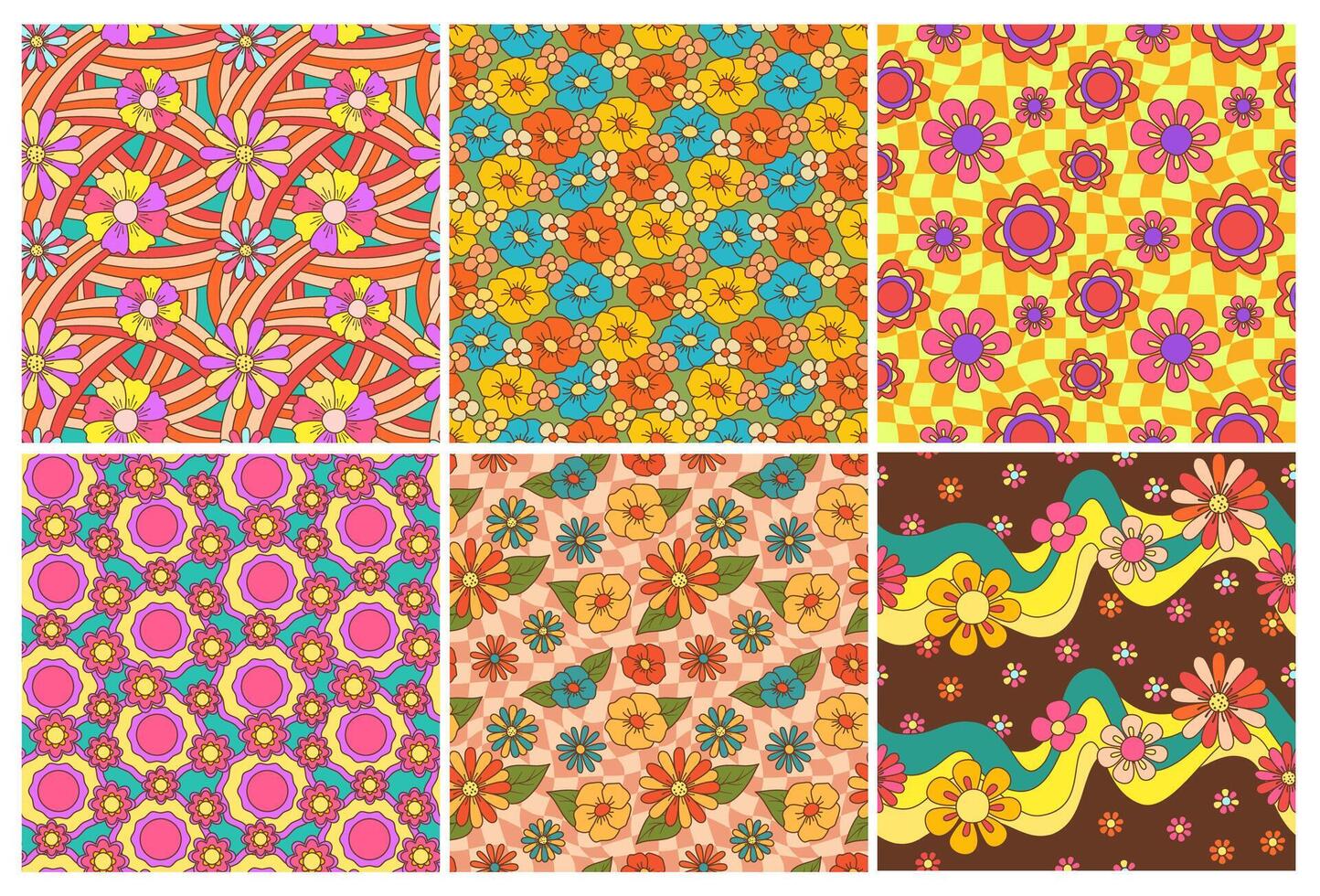 Groovy flowers background. Funky floral pattern, psychedelic 70s backdrop and hippie flower garden wallpaper set vector