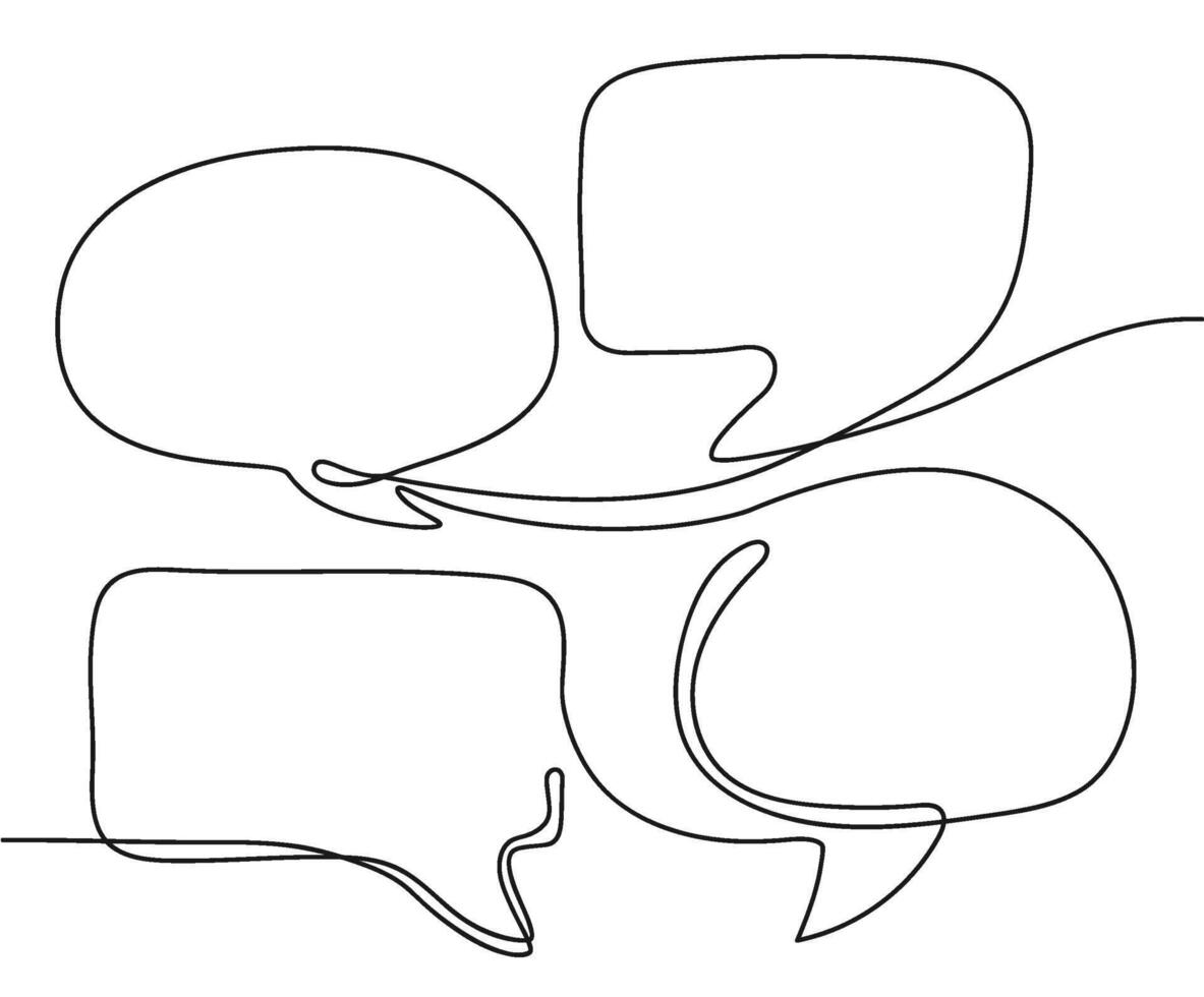 One line dialog. Talk messages, continuous line conversation and four speech bubbles hand drawn illustration vector