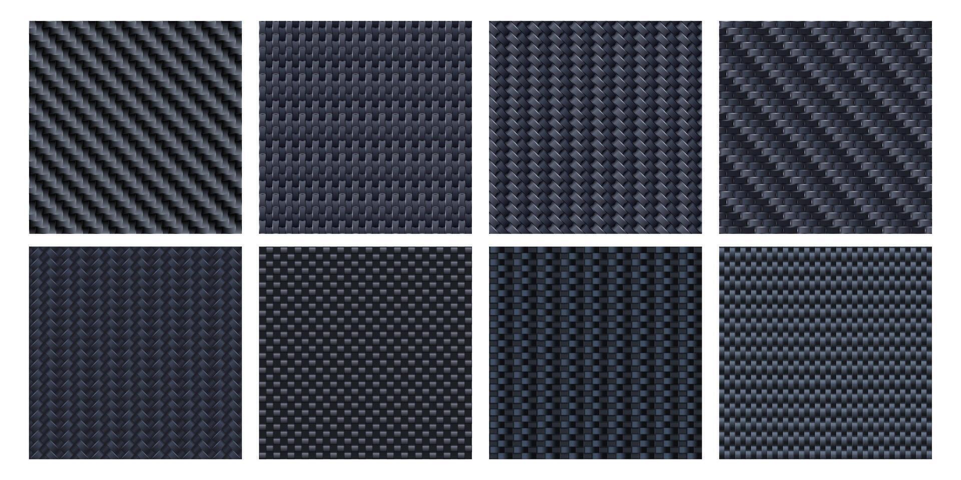 Carbon fiber texture. Interlaced fibers, carbonic woven and black aramid material seamless pattern set vector