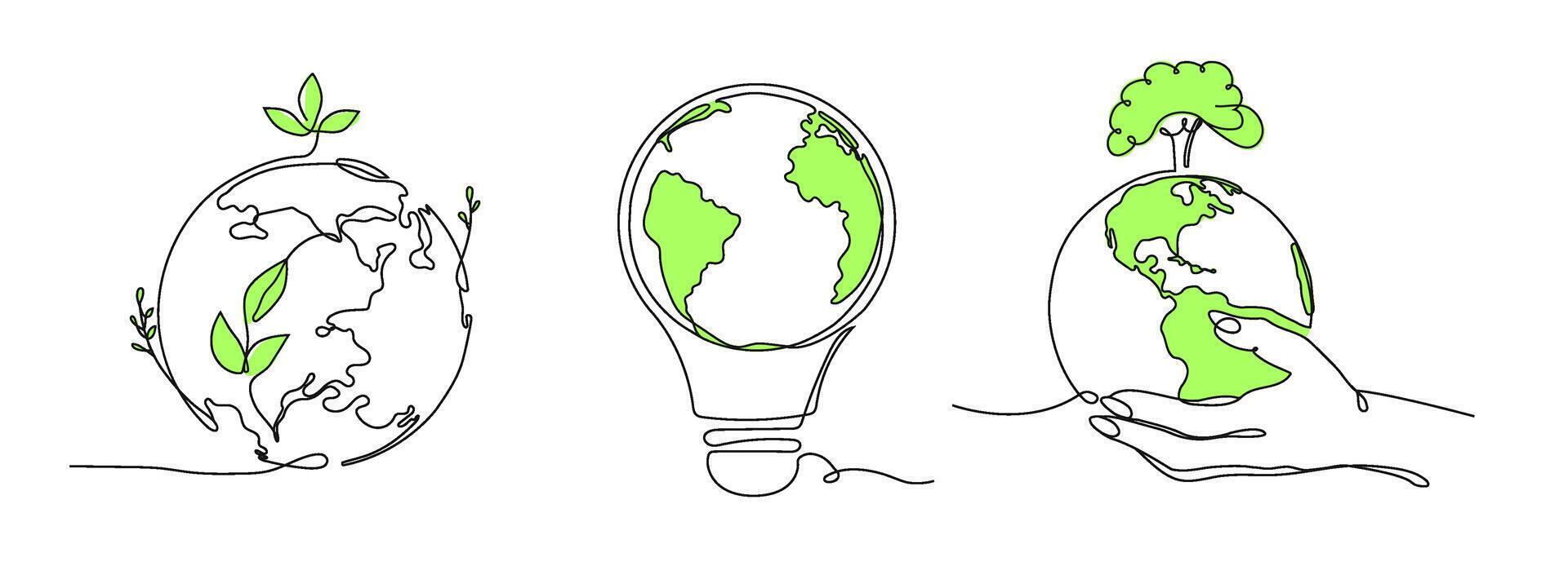 One line eco world. Globe ecology support, environment protection idea and green earth ecosystem Illustration set vector
