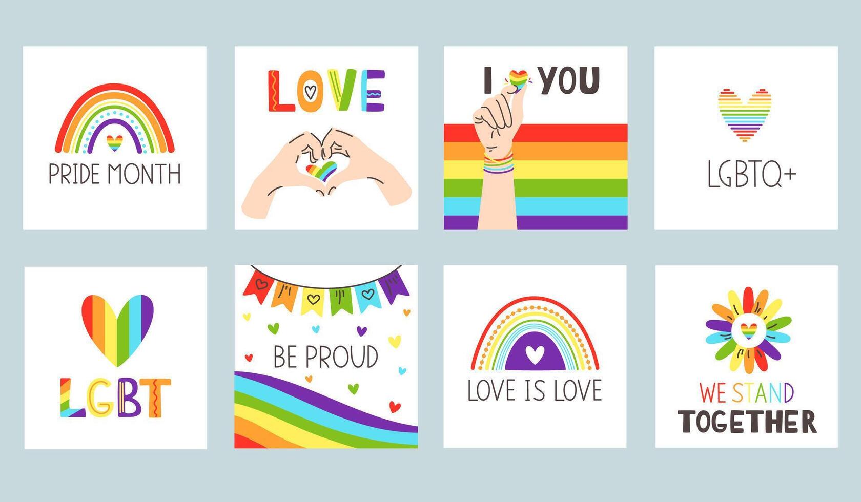 Square pride poster. Prride mounth celebration, love with heart gesture and lgbtq plus social media post set vector