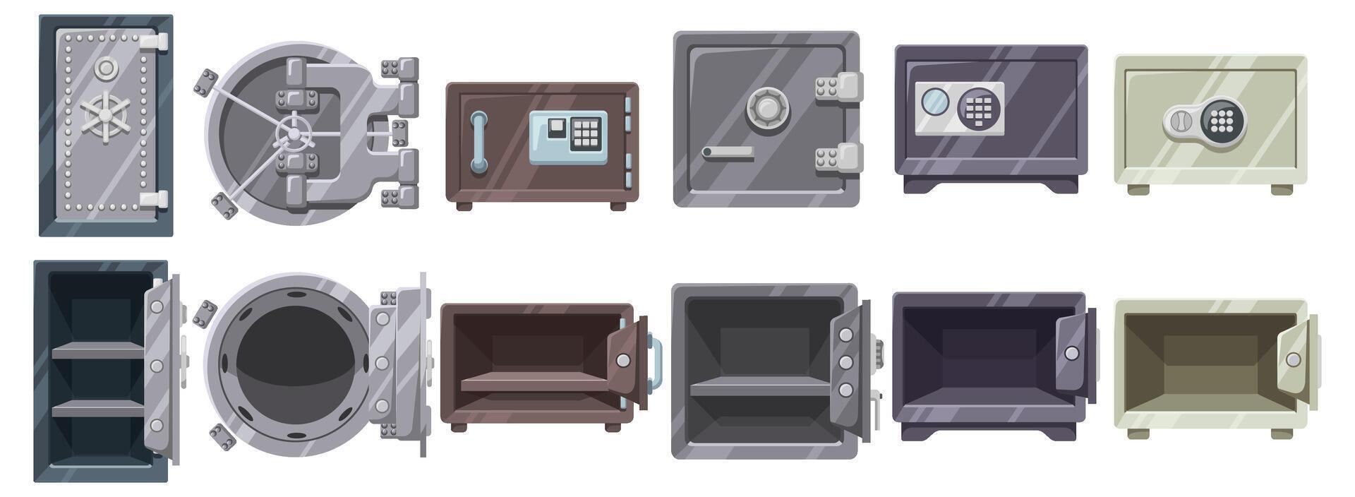 Open safe. Bank vault door, metal storage with code lock. Empty secure boxes with opened and closed doors set vector