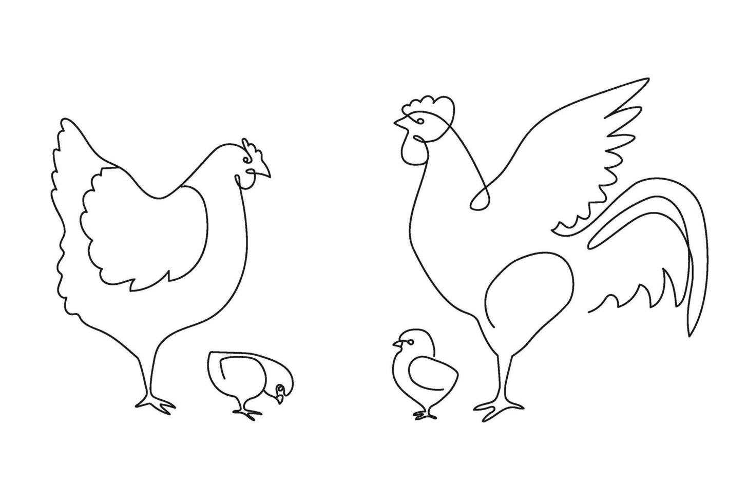 One line chicken family. Rooster, hen and chickens, farm birds continuous line illustration vector